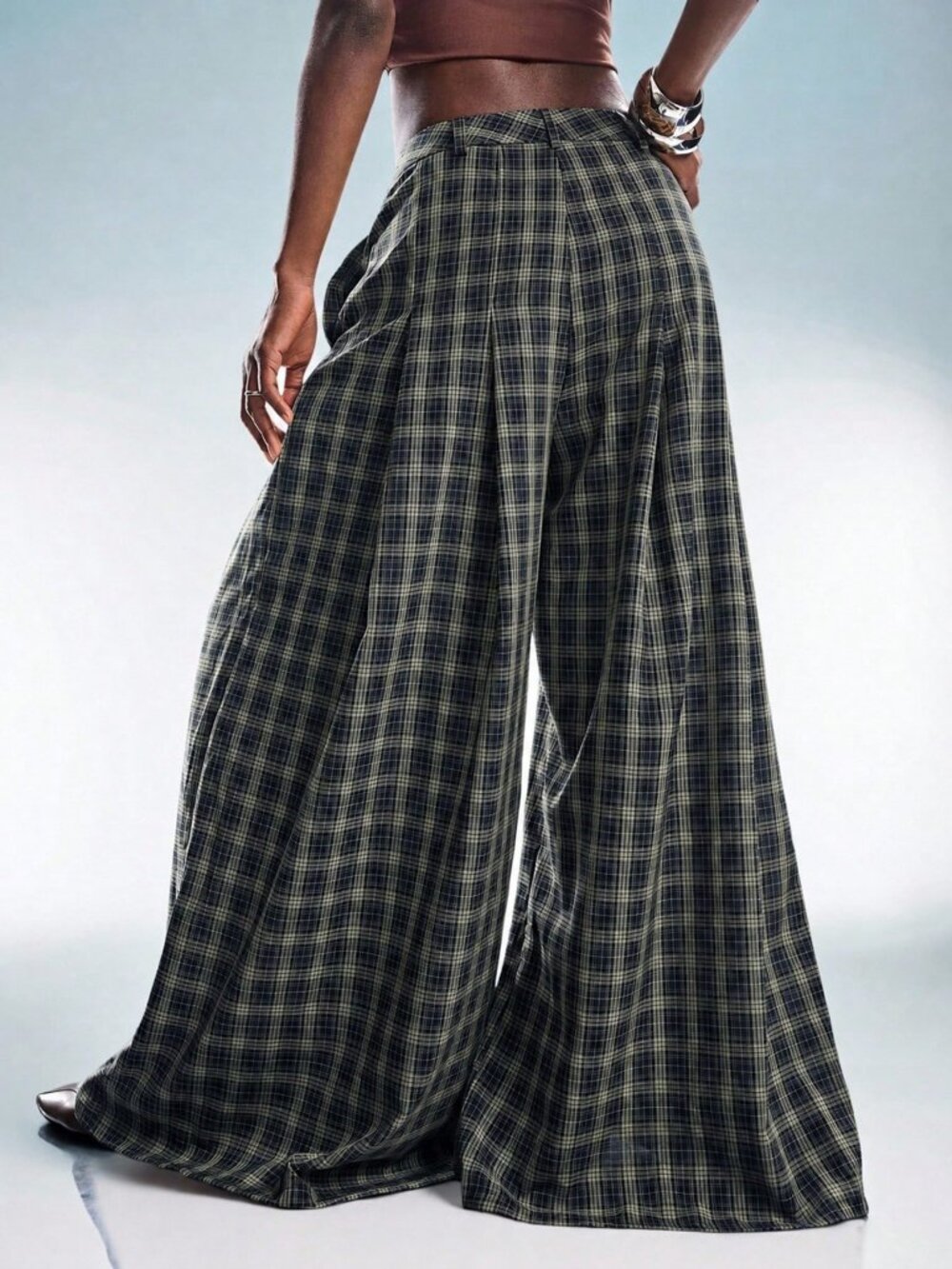 Green Casual Women's Plaid Regular Fit Loose Wide Leg Long Pants - Picture 2 of 6